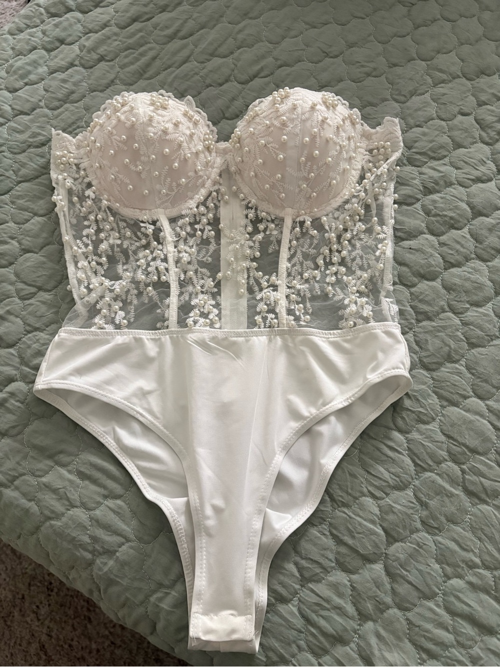White Embellished Sheer Bustier Bodysuit -pearls fashion nova